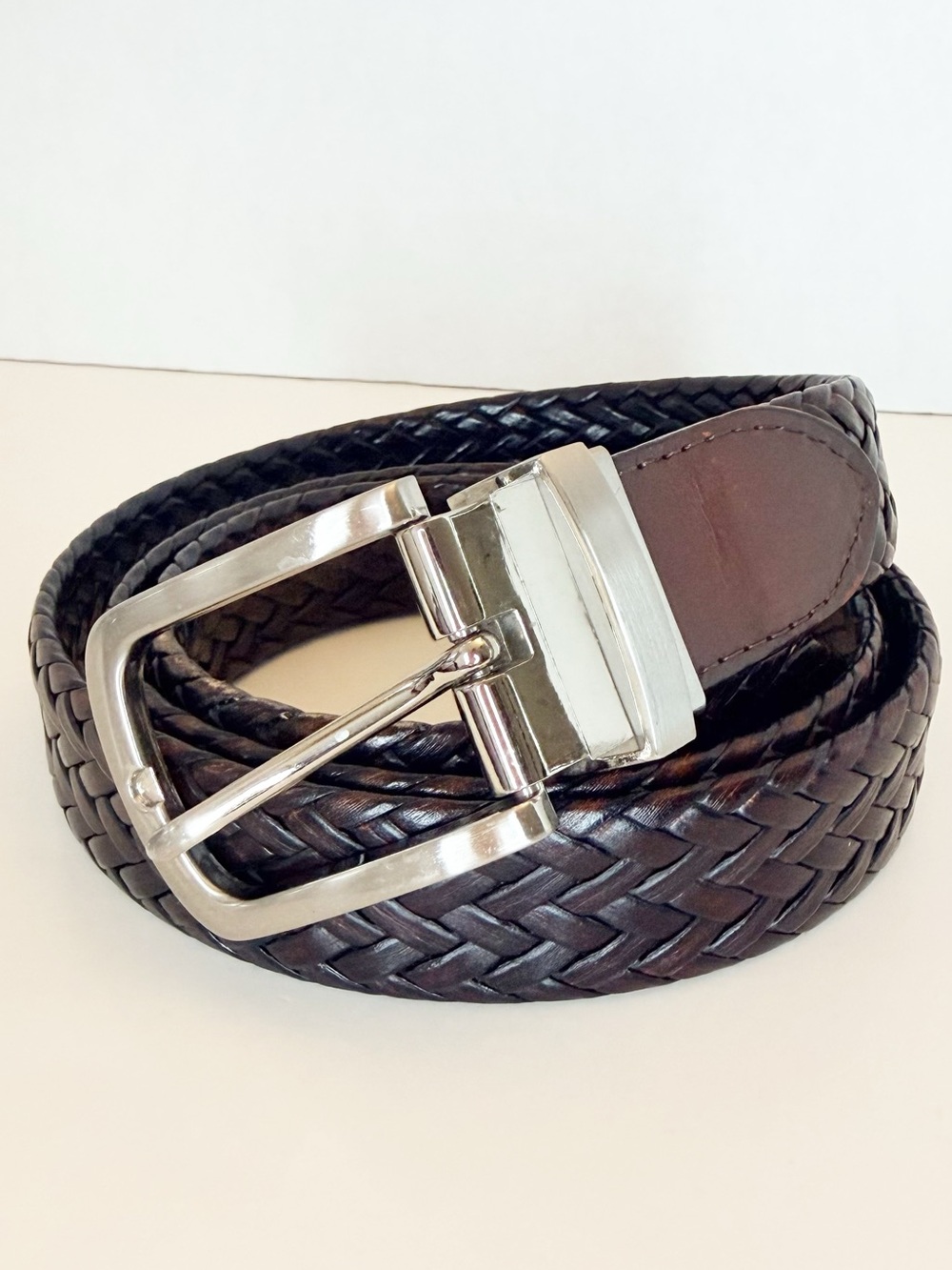 Nautica Men’s Woven Belt in Dark Brown with Silver Buckle